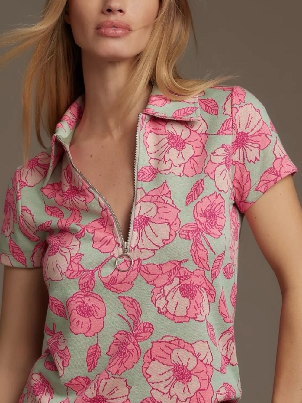 Anthropologie Mint Green and Pink Floral zip polo top, Medium